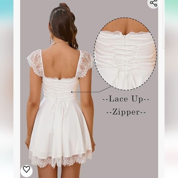 Women's Satin Lace Strap Mini Dress Square Neck Flowy A-Line Ruffle Swing Casual - Picture 12 of 15